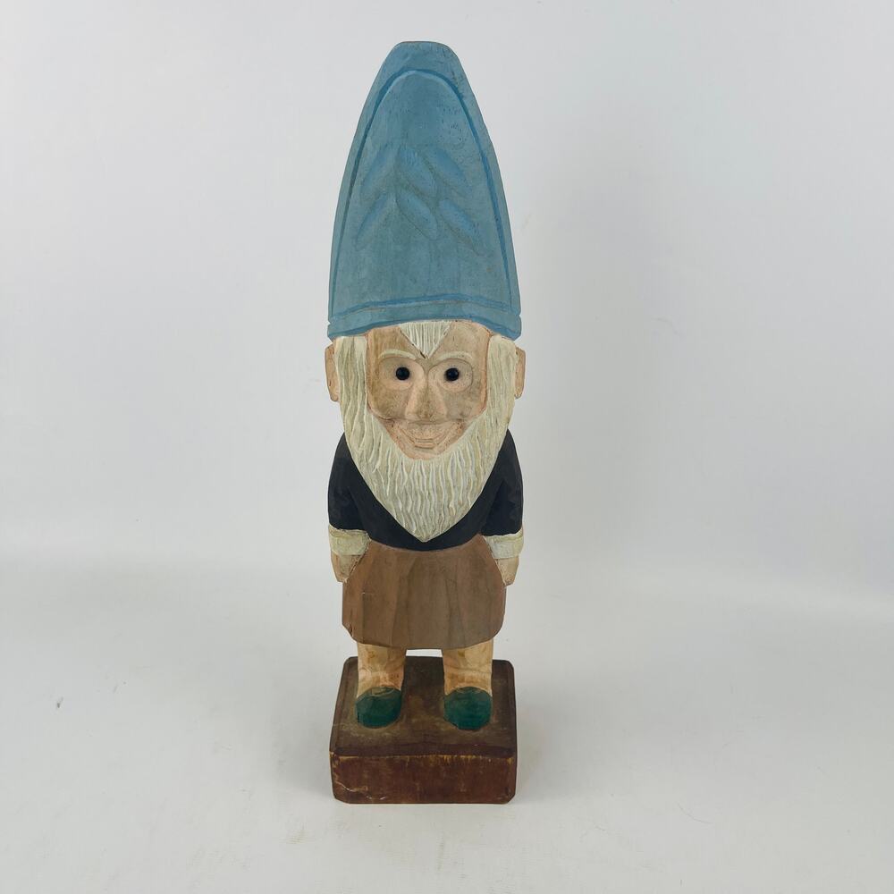 Hand-Carved Wooden Gnome Tall Blue Hat White Beard 12 1/2’